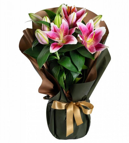Sedefli Buket Kağıtlı Pembe Lilyum