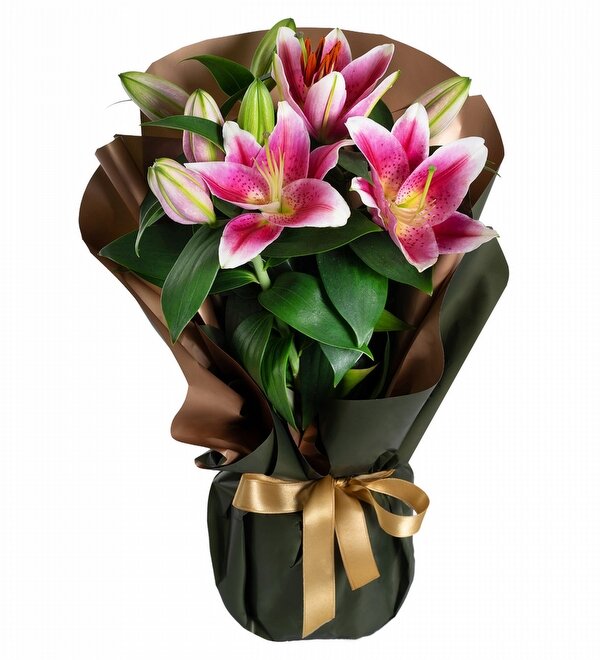 Sedefli Buket Kağıtlı Pembe Lilyum